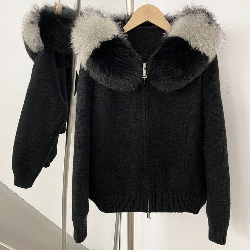 Zipper Real Fox Fur Collar Hooded coat