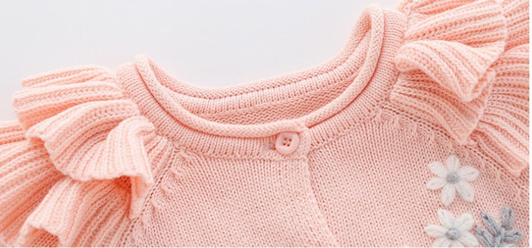 Embroidered Flower Knit Romper Long Sleeve  Jumpsuit