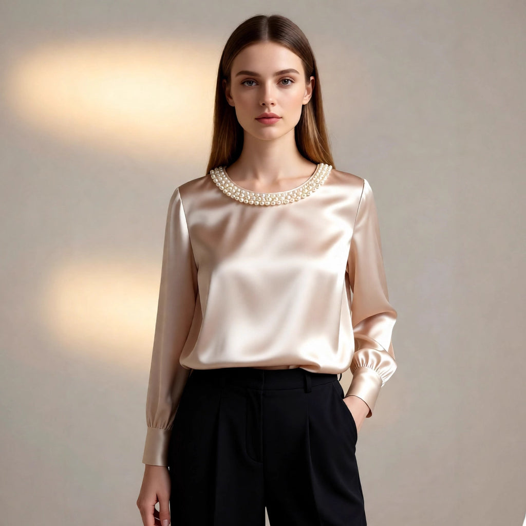 Womens French-style Sophisticated Pearl-collared Satin Blouse