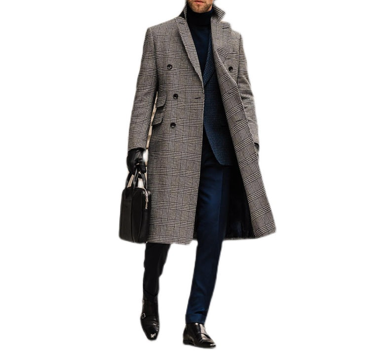 Full Wool Suit Collar Medium Length Double Breasted Checked Overcoat