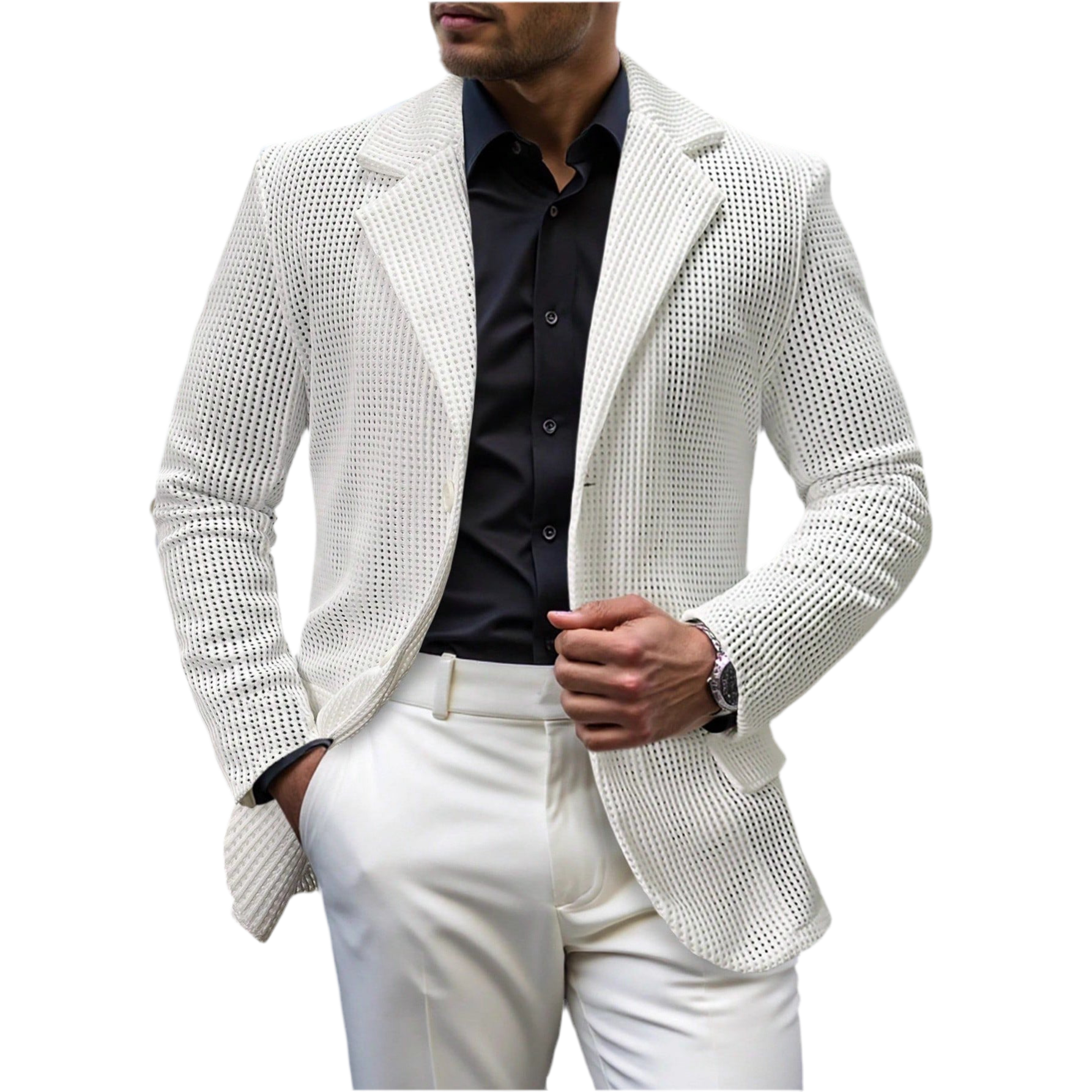Mens Solid Color Loose Fit White Suit Casual Jacket