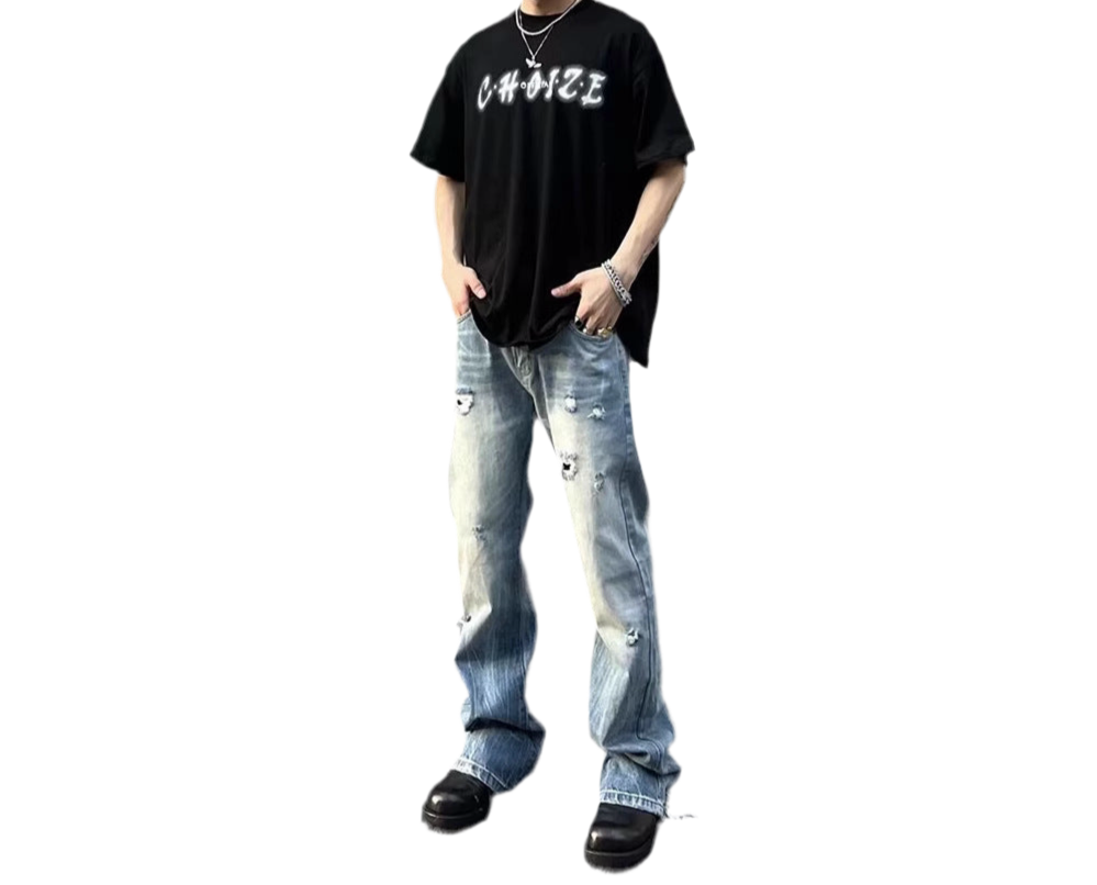 Washed Light Blue Ripped Jeans For Men