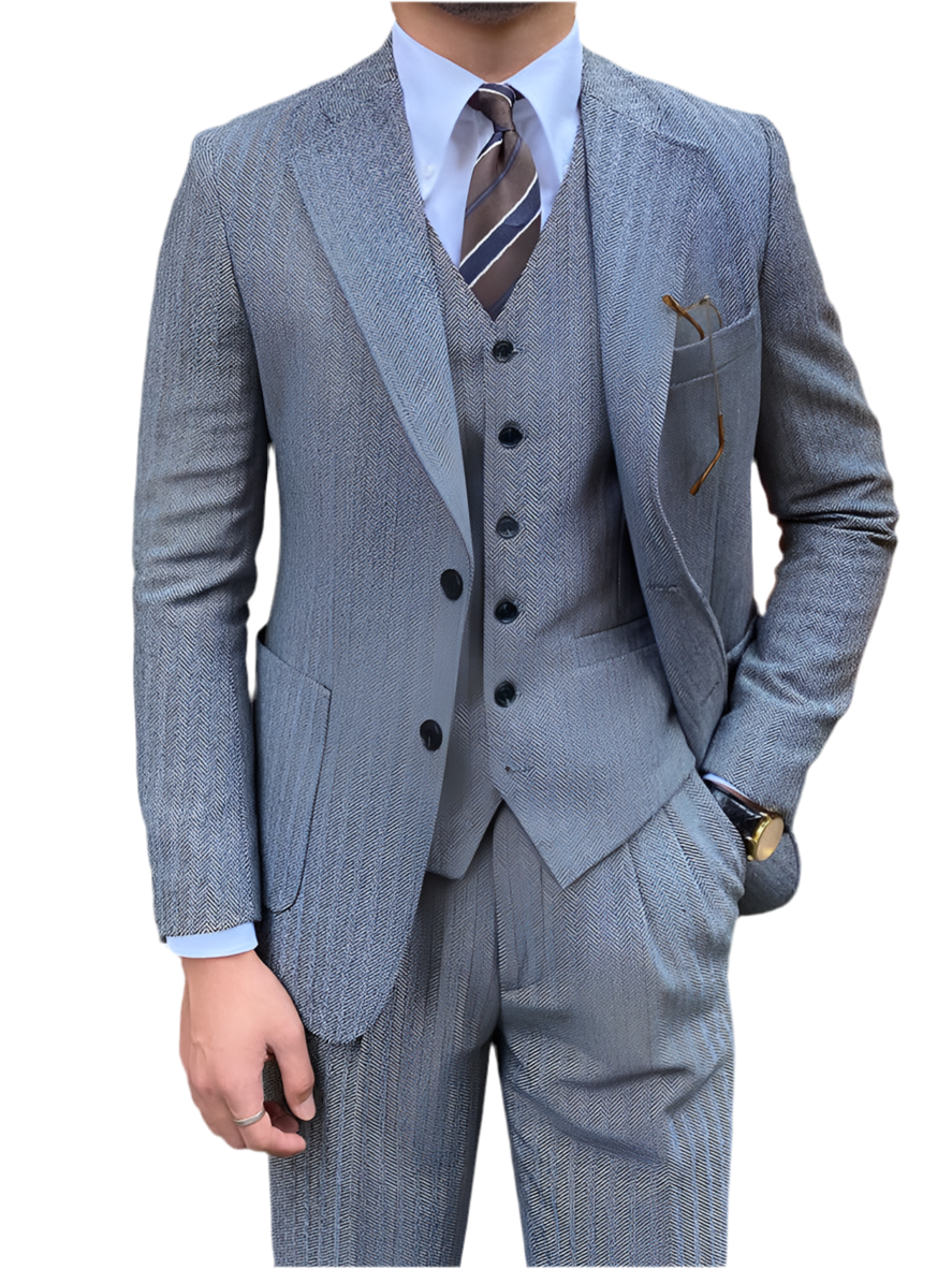 Autumn Winter Retro Herringbone Wool Slim Fit Men's Suits