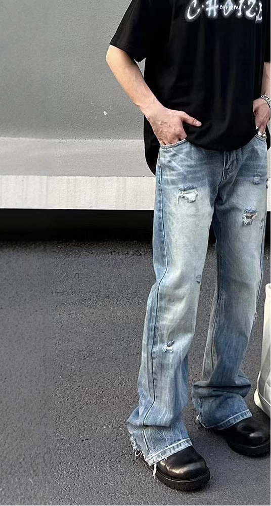 Washed Light Blue Ripped Jeans For Men