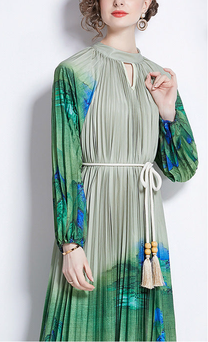 Pleated Tassel Belt Dress