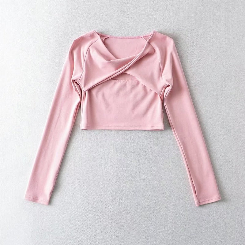 Long Sleeve Slim Fit Women's T-Shirt Cross Knotted Neckline