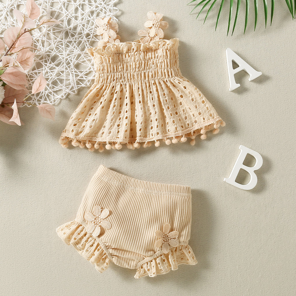Cotton Mesh High Temperature Dyed Apricot Lace Hanging Doll Shirt Ten Shorts Baby Girl Infant Fashion Two-piece Suit