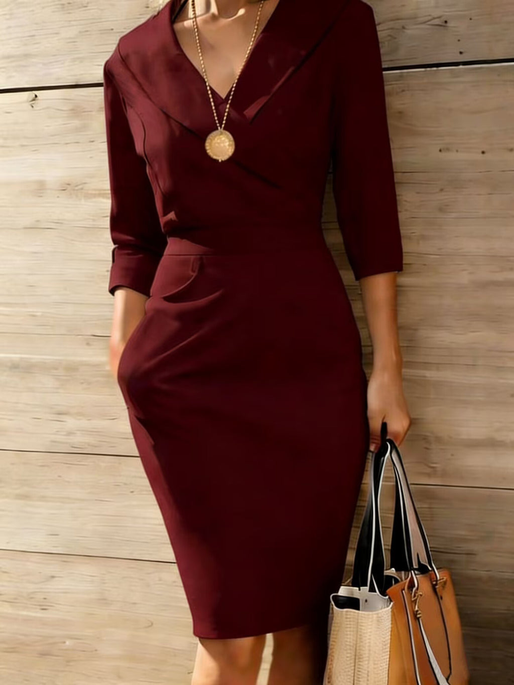 V-neck Solid-Color Waist-Cinching Dress