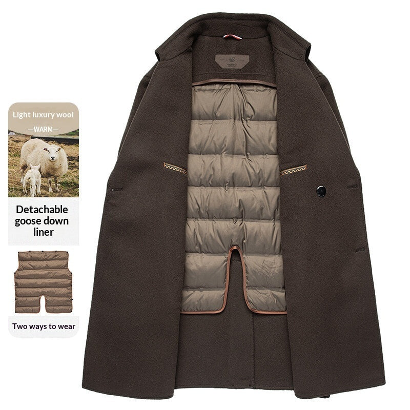 Arrival Long Double-Faced Wool Coat With Detachable Goose Down Lining And Double-Breasted Design