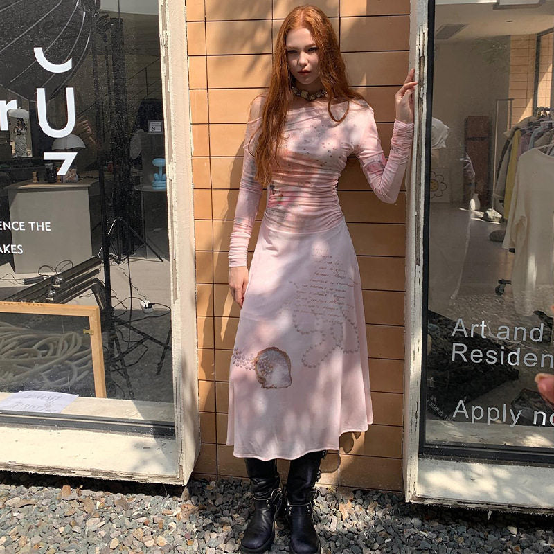 One-shoulder Long-sleeved Printed Maxi Dress