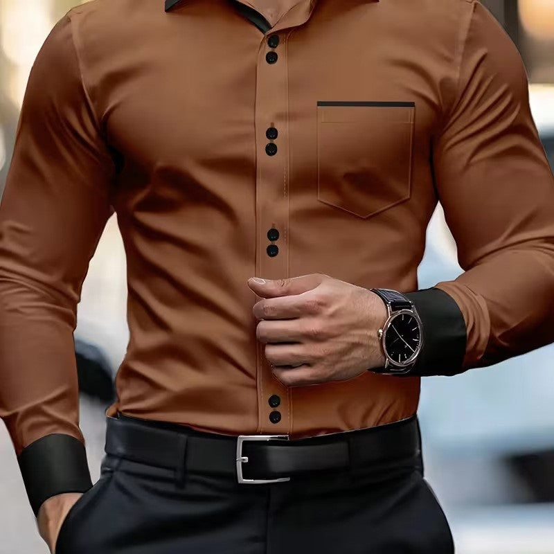 Mens Casual Solid-Color Pocket Long-Sleeve Shirt