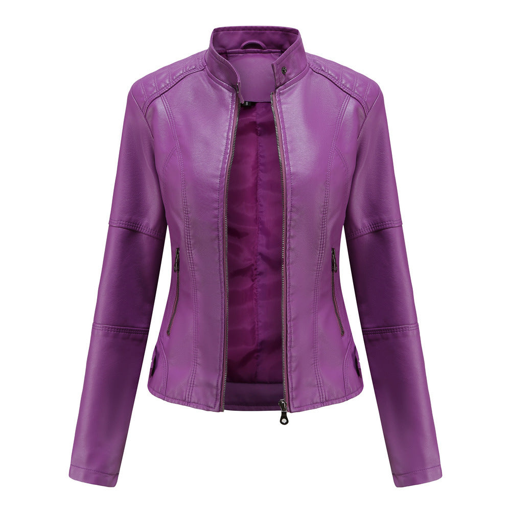 Women's Zip-up Leather Jackets Fashion Solid Color Pockets Stand Collar Top Outwear Clothing