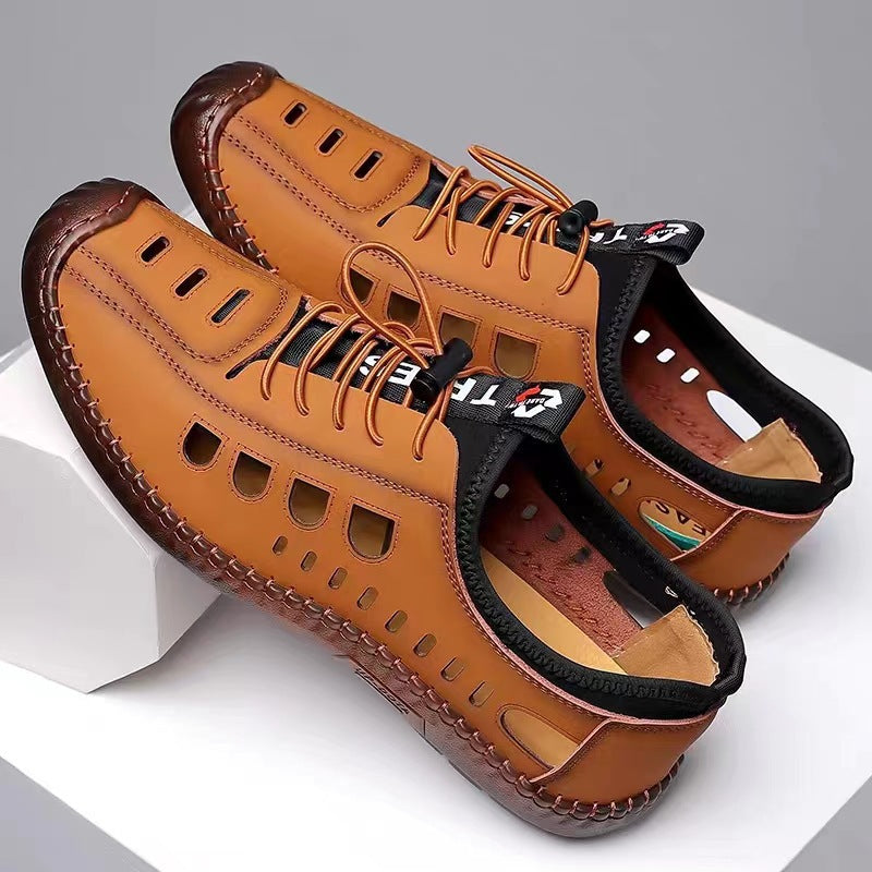 Men's Sandals Hollow Leather Soft Bottom Hole Shoes