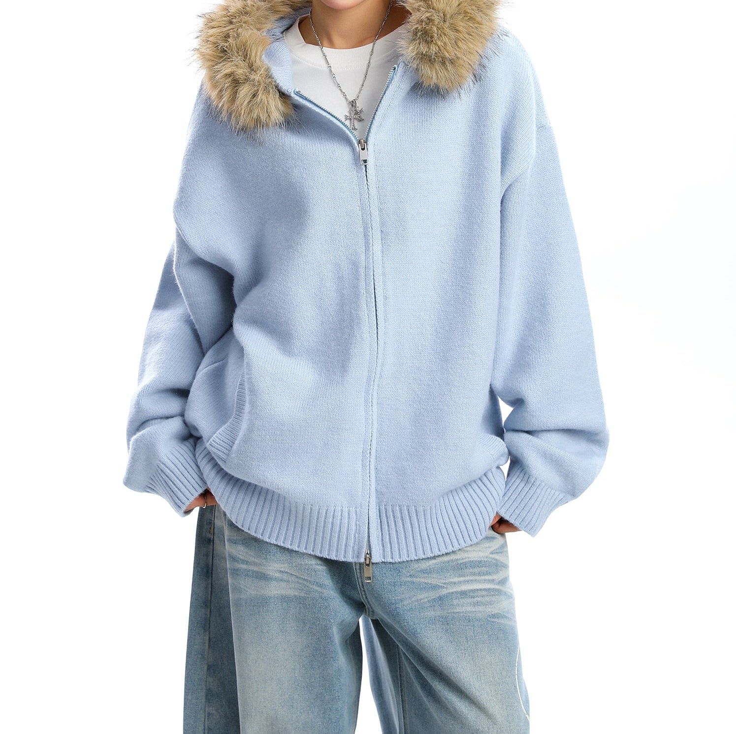 Detachable Fur Collar Hood Sweater Coat