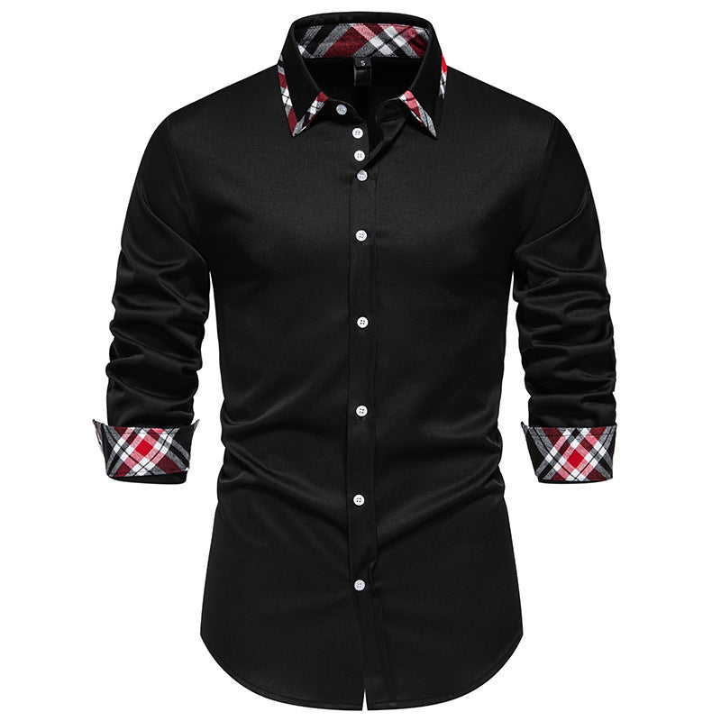 Men's Plaid Contrast Color Triangle Collar Long Sleeve Shirt