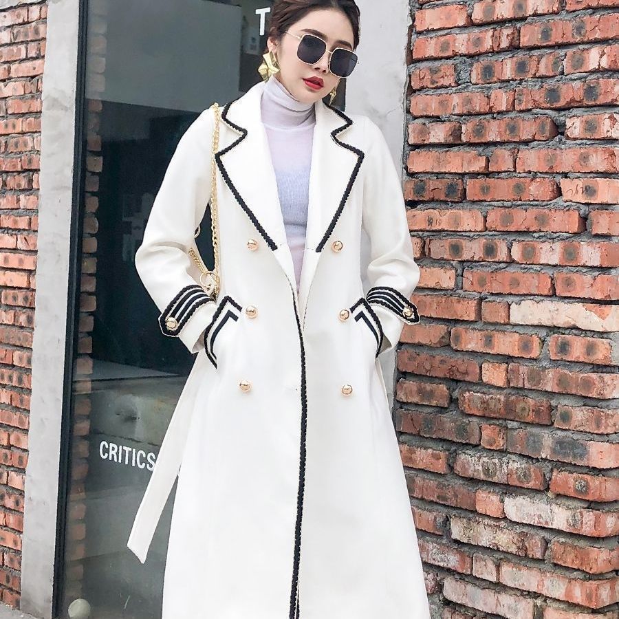 Thickened Slim Fit Double Breasted White Below The Knee Woolen Coat Women