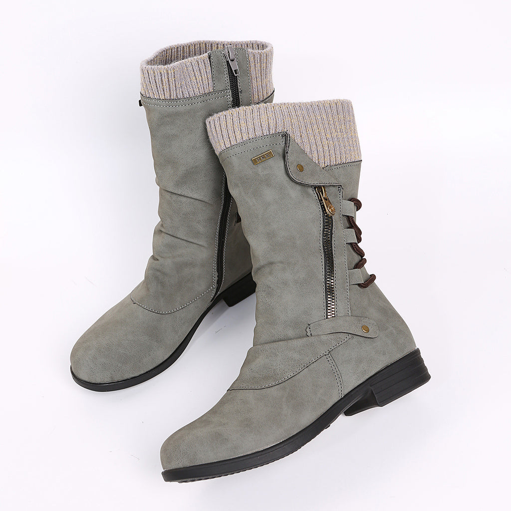 Woolen Edge Round Head Side Zipper Leather Boots