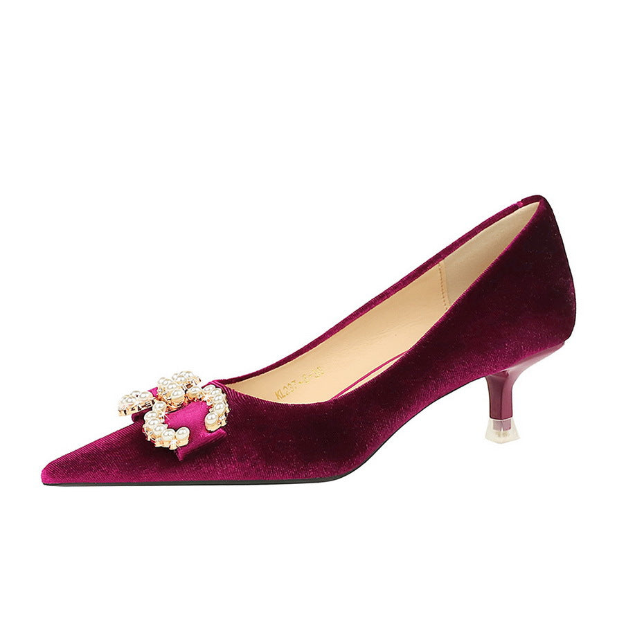 Women’s Suede Mid Heel Banquet Shoes – Thick Heel Elegant Pumps