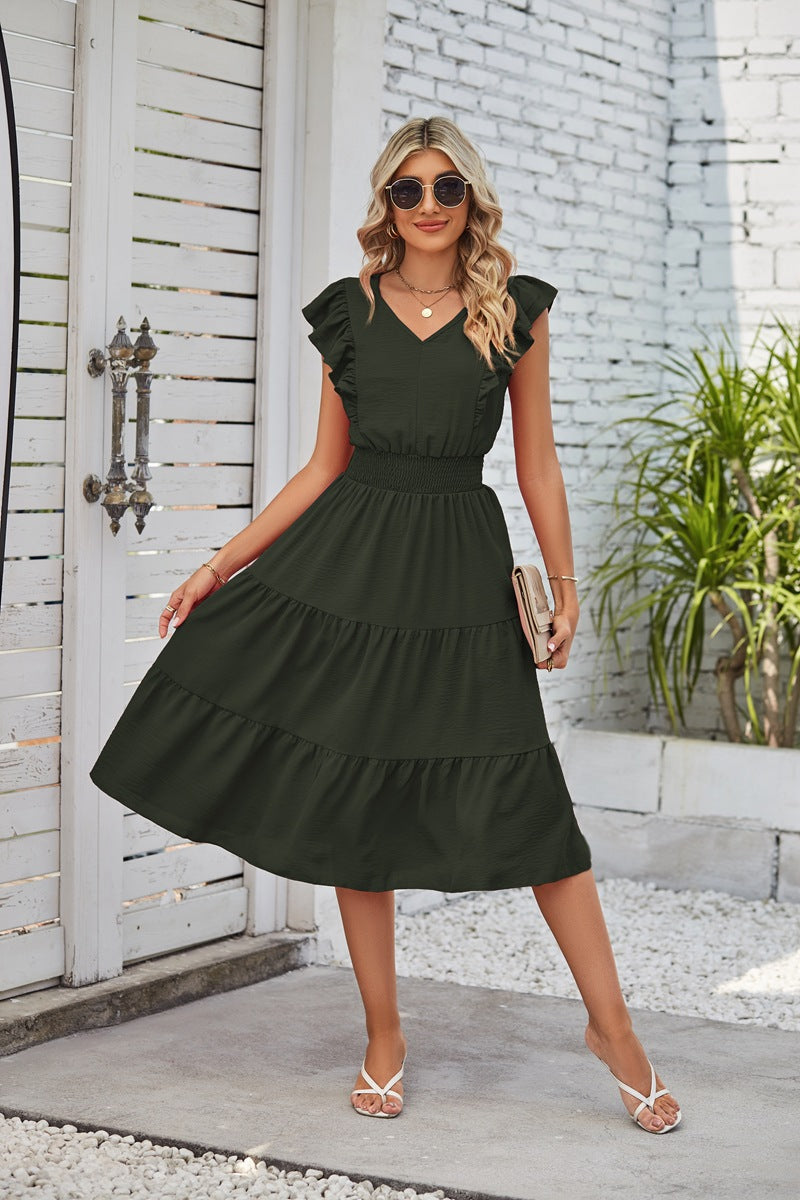 Sleeveless V-Neck Dress Summer Fashion Elastic Waist A-Line Dress