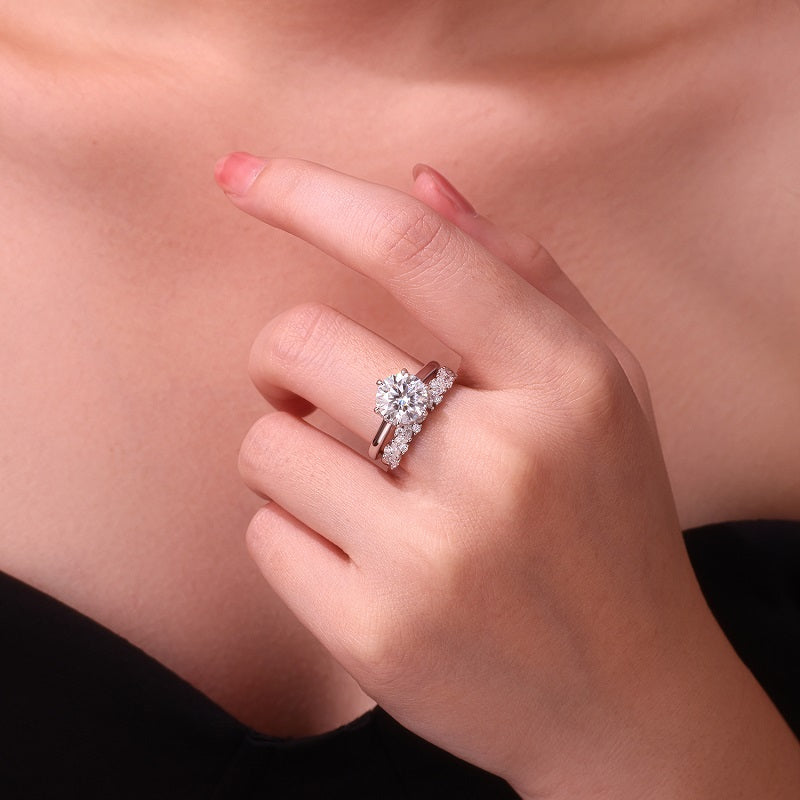 3-carat Double Rings Set With Top-quality Moissanite Luxury And Fashionable Light Luxury Jewelry Silver Ring S925 Silver Electroplated With Gold