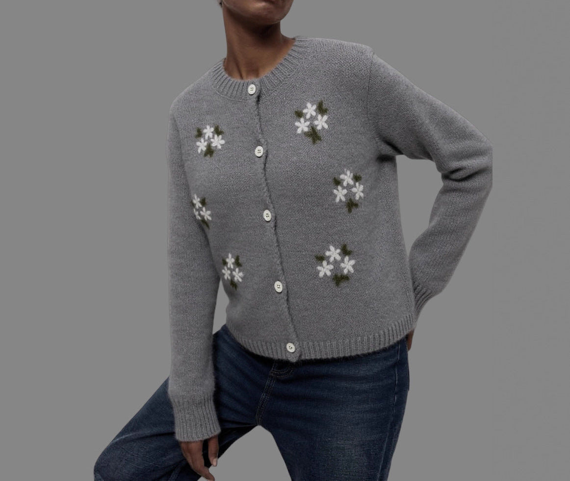 Round Neck Embroidered Knitted Cardigan Sweater Coat
