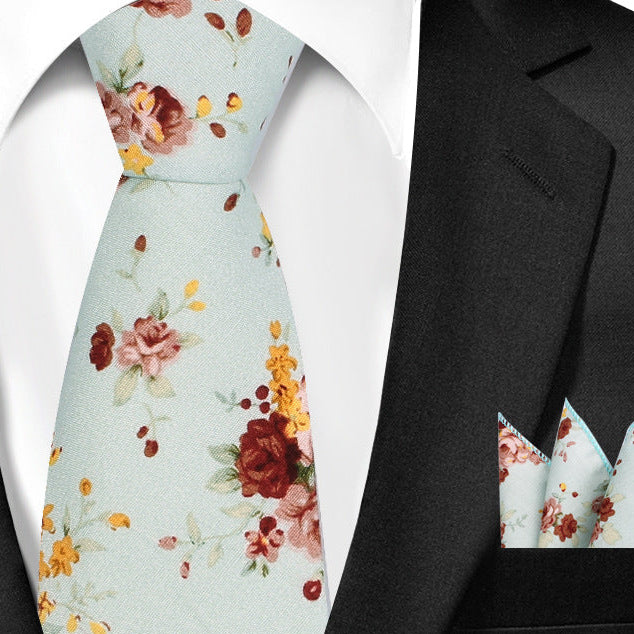 Casual Cotton Floral Print 6cm Casual Tie Pocket Square Suit