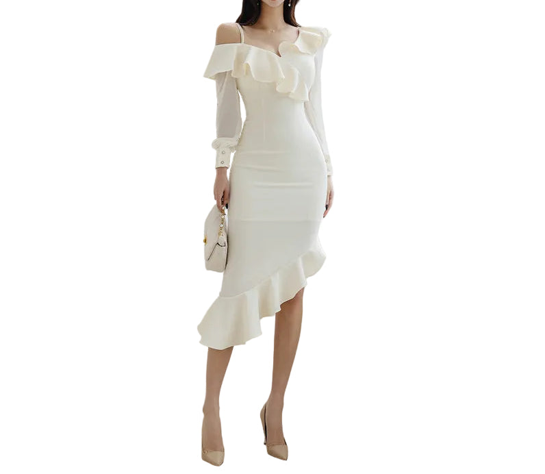 Ruffled Asymmetric Hip-wrapped Dress