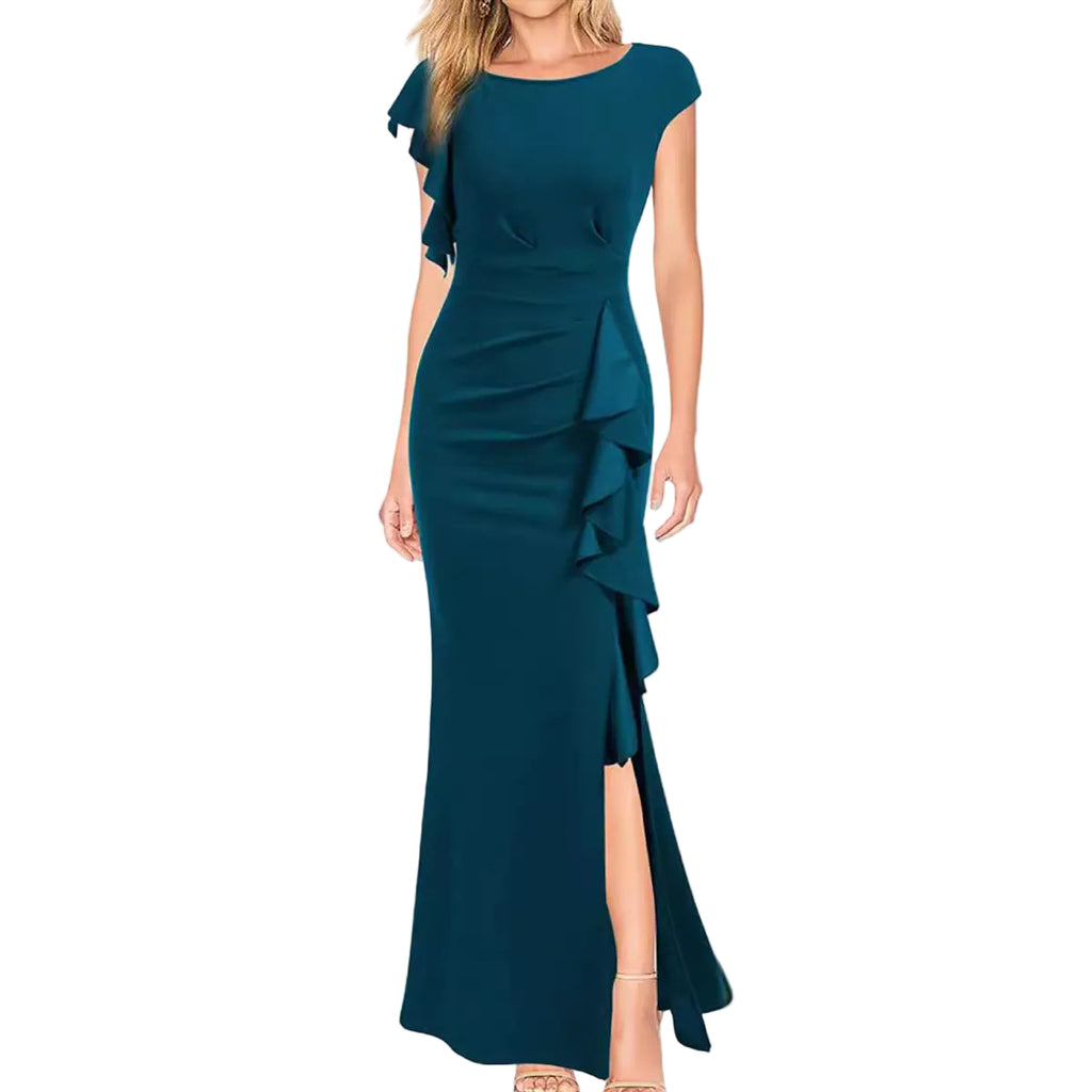 High Waist Slit Dress Elegant Fashion Round Neck Commuting Style Dress Evening Party Dress