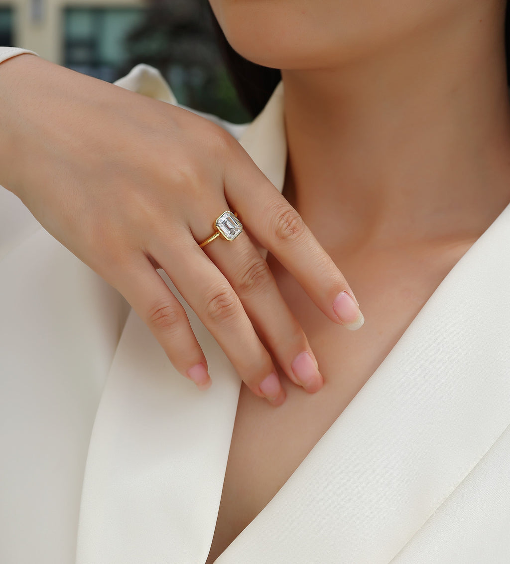 Pagoda Octagonal Moissanite Ring – S925 Silver Gold Plated