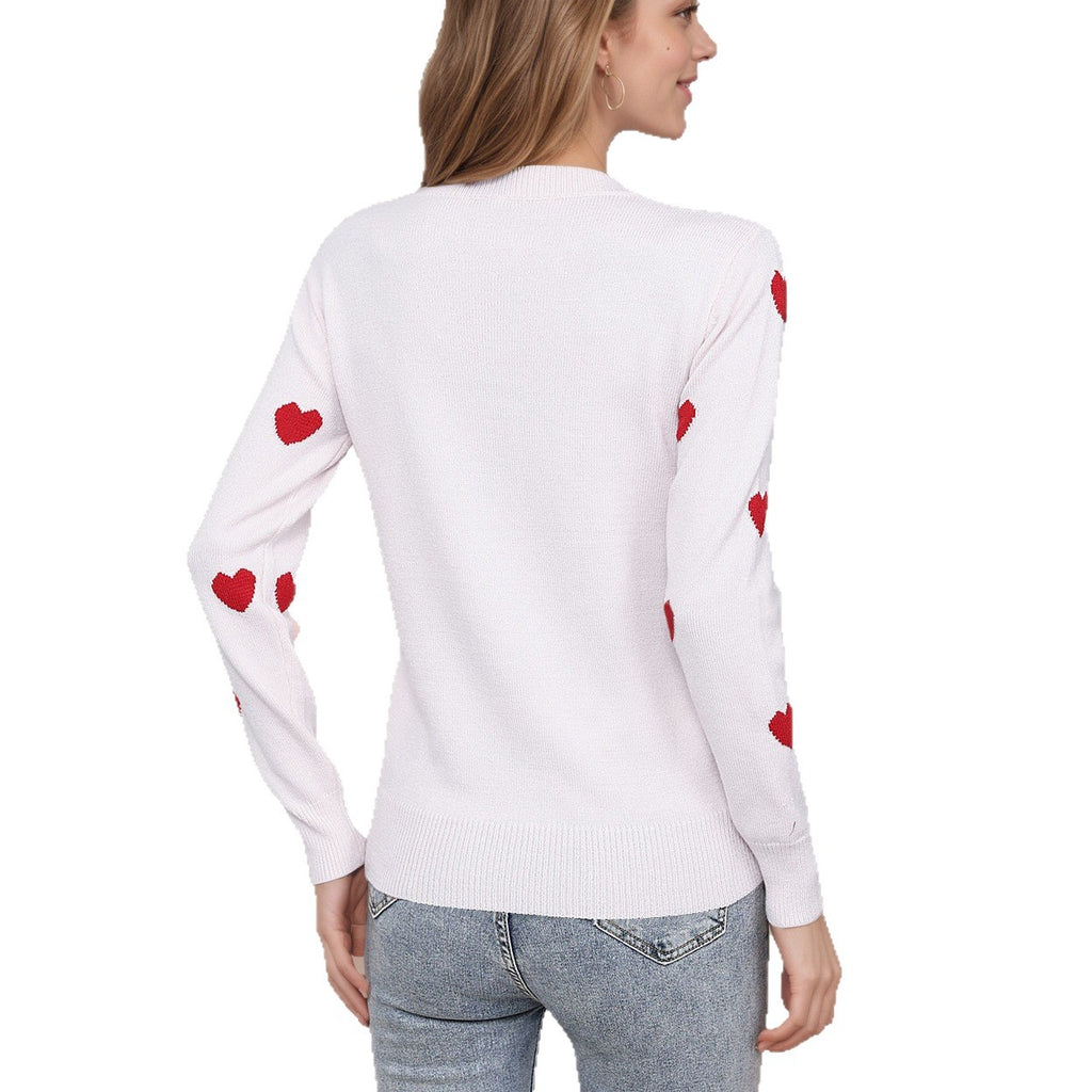 Heart Jacquard Round Neck Pullover Sweater