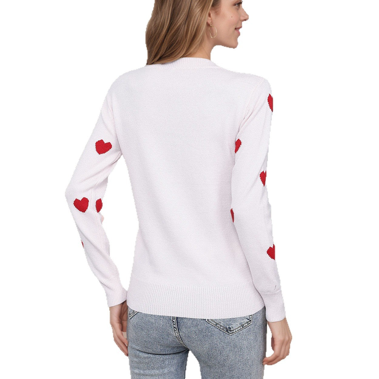 Heart Jacquard Round Neck Pullover Sweater