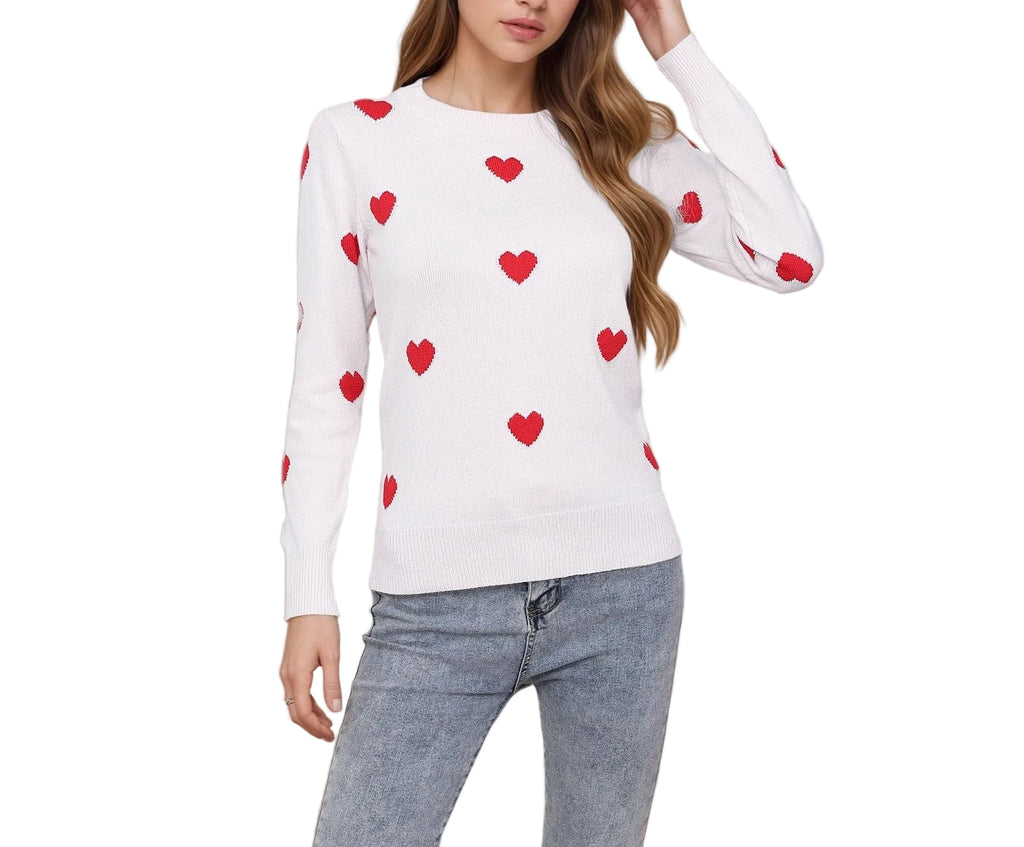 Heart Jacquard Round Neck Pullover Sweater