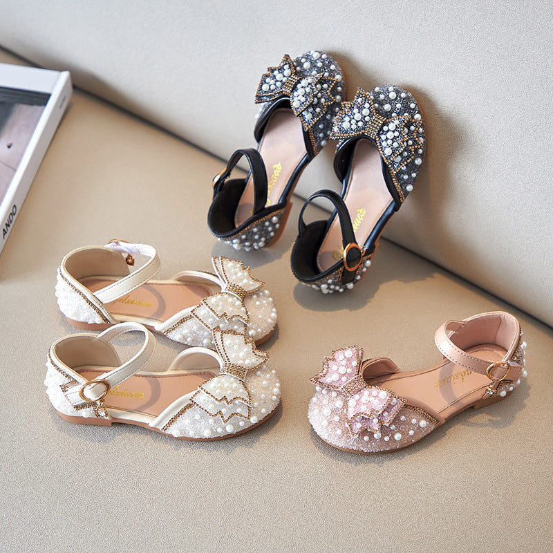 Summer Girls Pearl Bow Princess Shallow Mouth Pumps