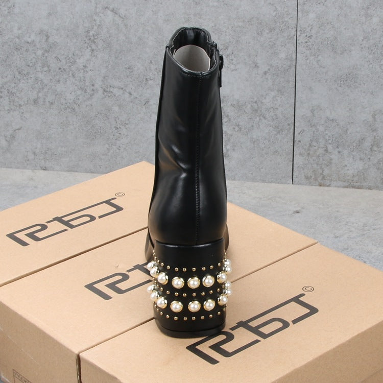 Fashion Casual High-heeled Thick-heel Square Toe Martin Boots Women