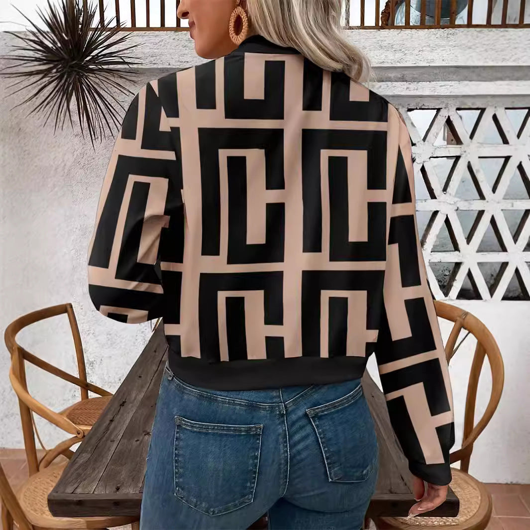 Women's Zipper Geometric Print Casual Long-sleeved Jacket