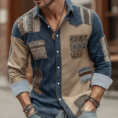 Mens Long-sleeve Striped Printed Shirt