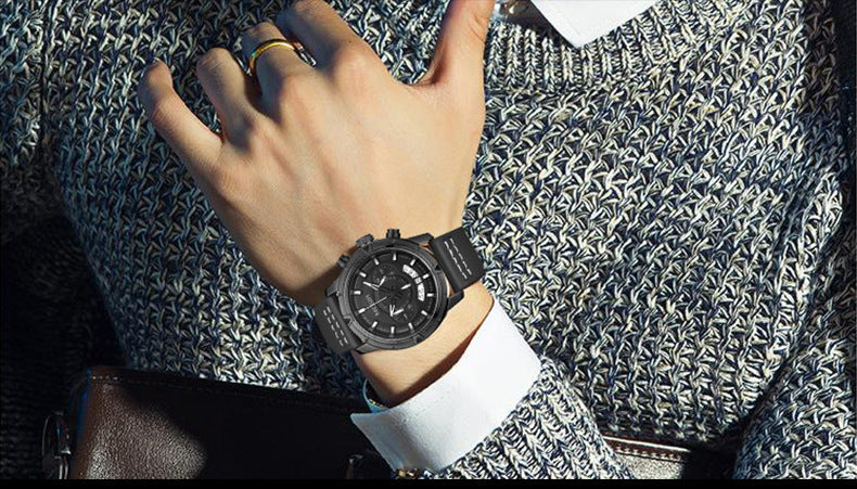 Men Timekeeping Waterproof Multi-functional Leather Quartz Watch With Large Dial