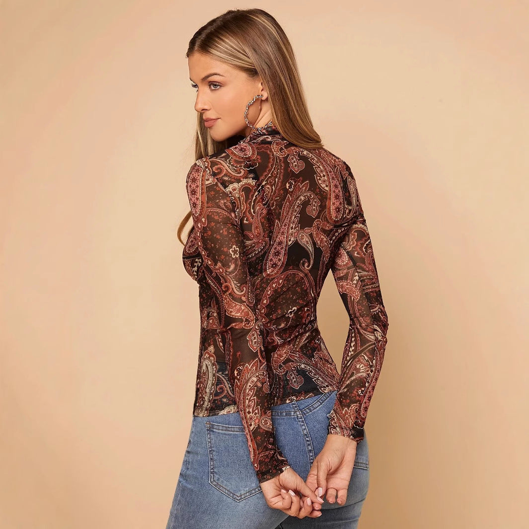 Women Paisley Printed Stand Collar Mesh Long Sleeve T-shirt