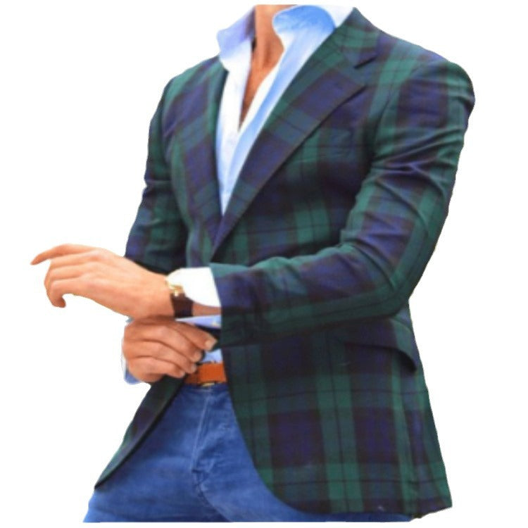 Mens Casual Plaid Slim-fit Suit Jacket