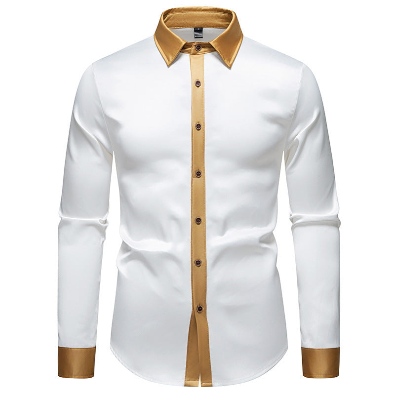 Mens Fashionable Satin-Soft Colorblock Long-Sleeve Shirt