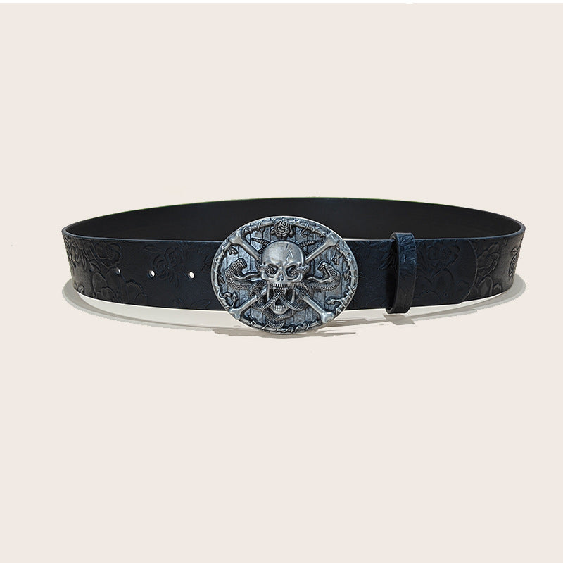 Personalized Skull And Rose Embossed PU Leather Belt