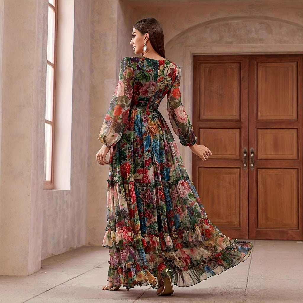 Printed Long-sleeve Puffed-sleeve Belted Maxi Dress