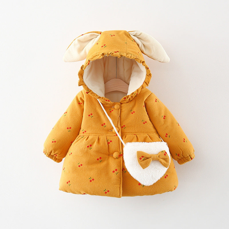 Fruit Printed Fleece-lined Thickened Girls' Cotton-coat Free Bag