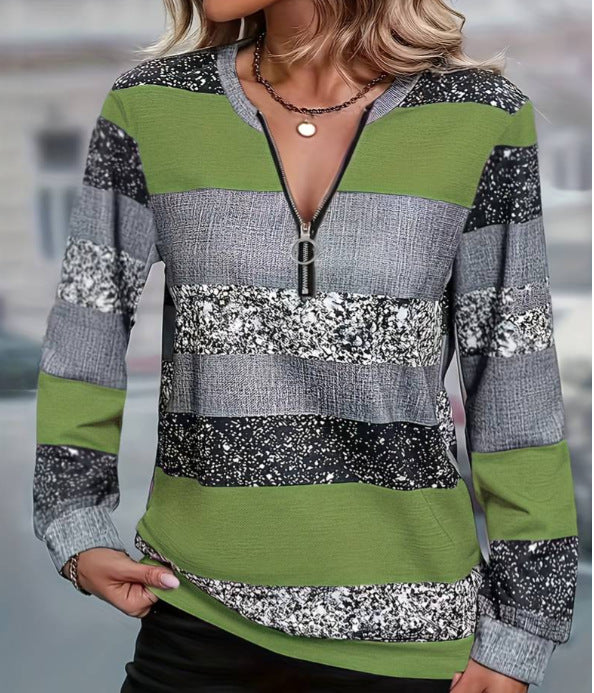 Womens FallWinter Crew-Neck Printed Loose-Fit Zip-Up Hoodie With Long Sleeves