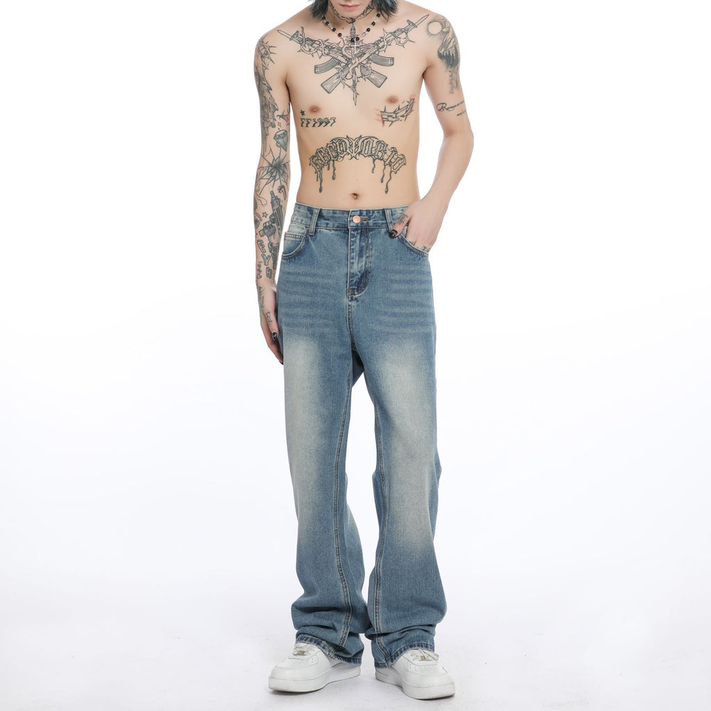 Men's Washed Blue Jeans Straight Bootcut Trousers