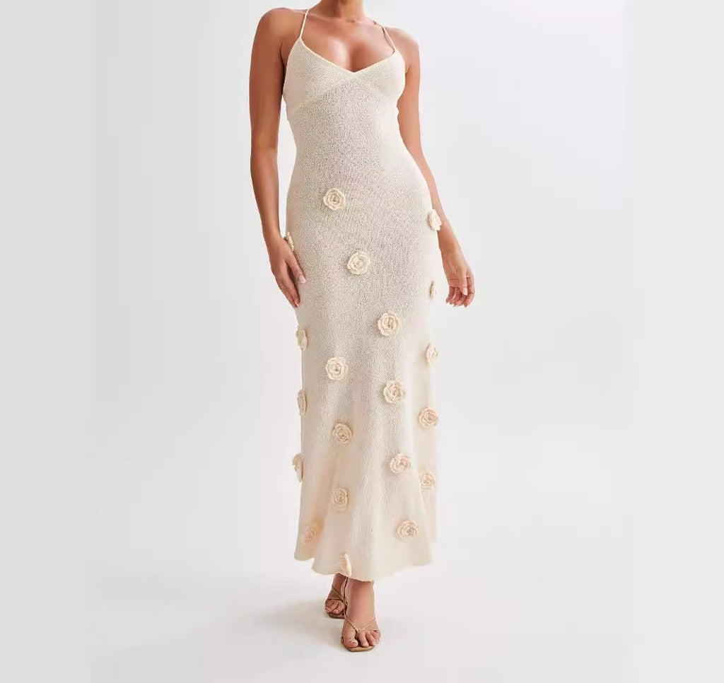 New Suspender Sleeveless Dress Three-dimensional Flower Heavy Industry Knitted Backless Tie