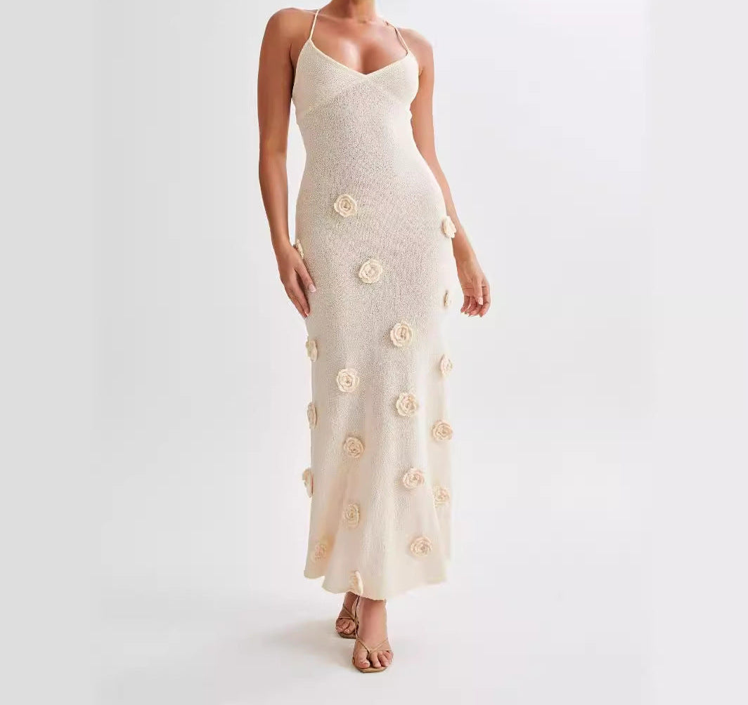 New Suspender Sleeveless Dress Three-dimensional Flower Heavy Industry Knitted Backless Tie