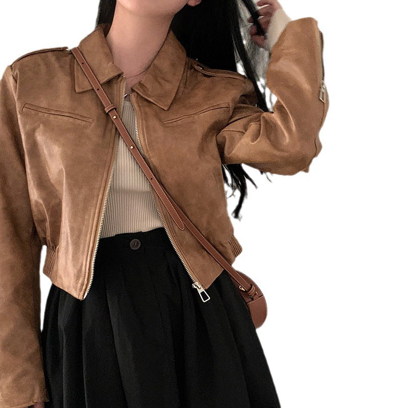 Women's  Lapel Long-sleeved Leather Jacket