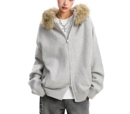 Detachable Fur Collar Hood Sweater Coat