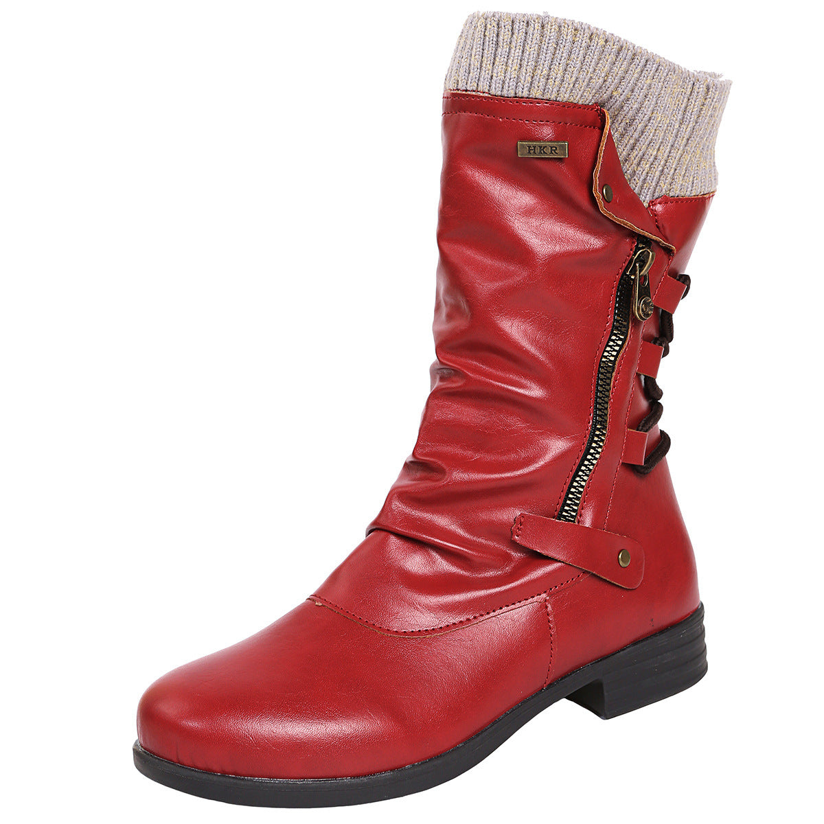 Woolen Edge Round Head Side Zipper Leather Boots